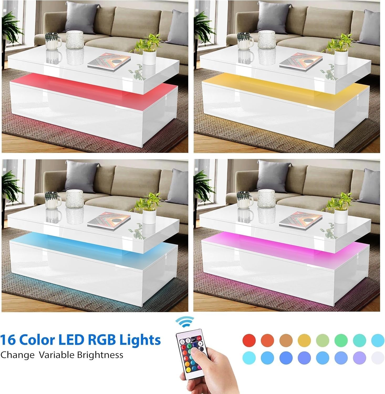 White High Gloss LED Coffee Table with Storage Drawers | 94cm RGB Lights