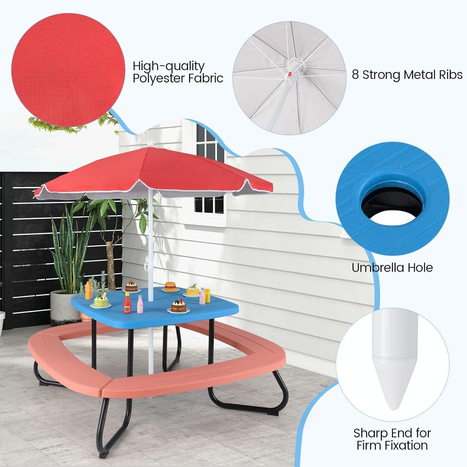Kids Picnic Table Set with 8 Seats, Adjustable Umbrella, Outdoor Garden Play Tab