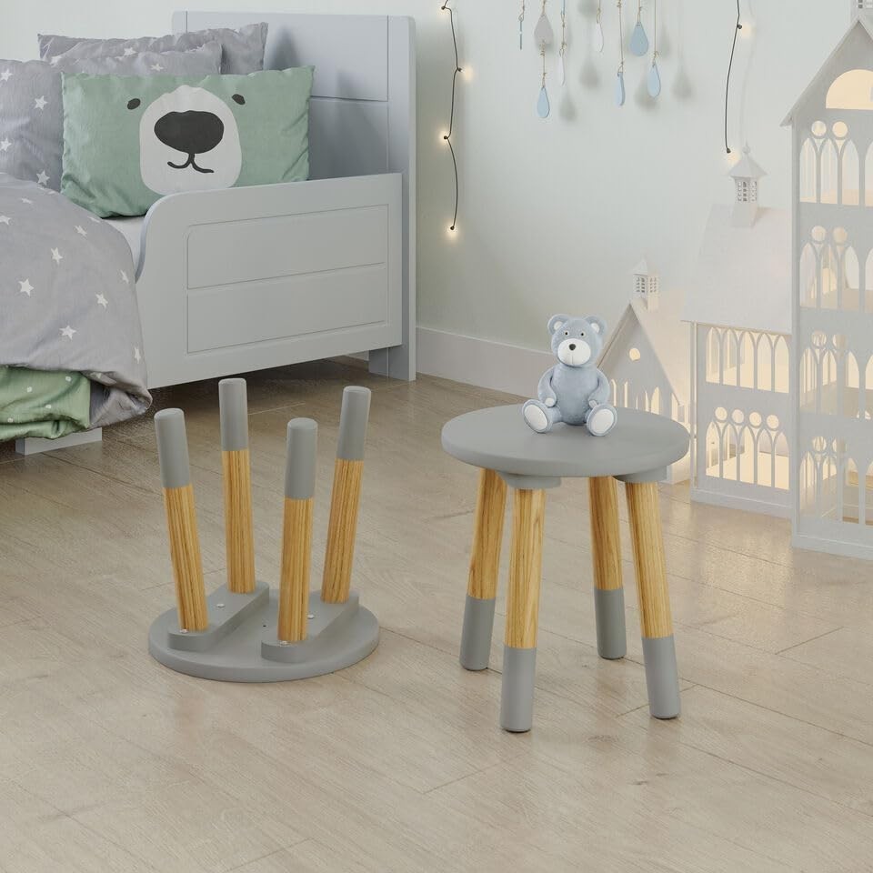 Kids Wooden Round Table & 4 Chair Set Grey, Sturdy Toddler Activity Furniture
