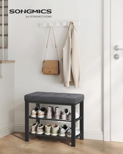 3 Tier Shoe Rack Bench Padded Seat Metal Frame Grey Black Entryway Storage Unit