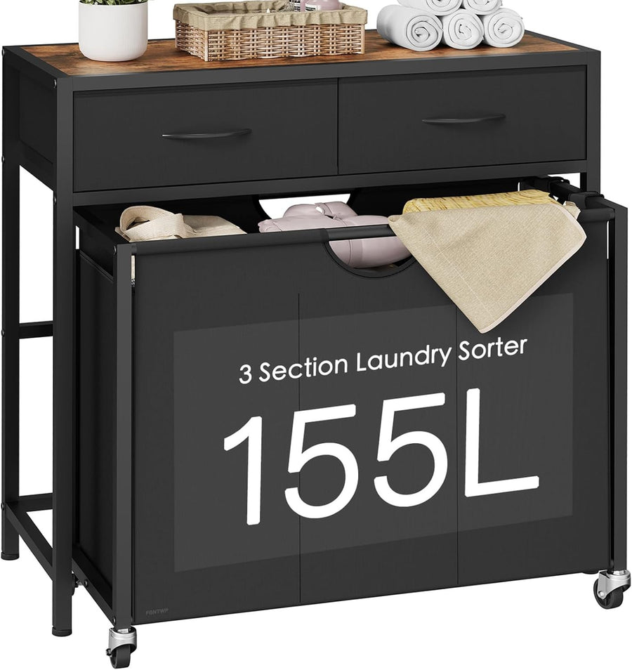 155L Rolling Laundry Sorter with 3 Pull-Out Bags & Top Shelf Drawers Black