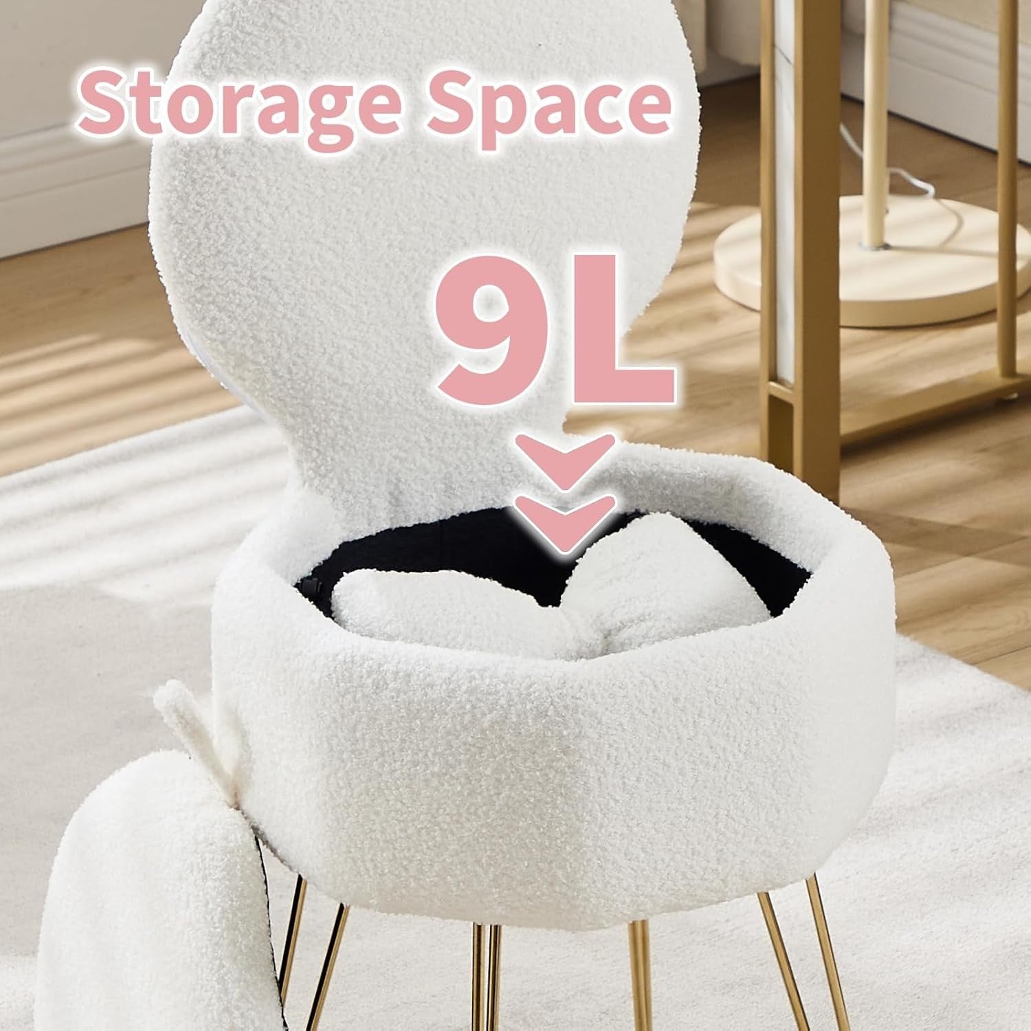 White Sherpa Vanity Chair with Storage & Foldable Back – Makeup Stool