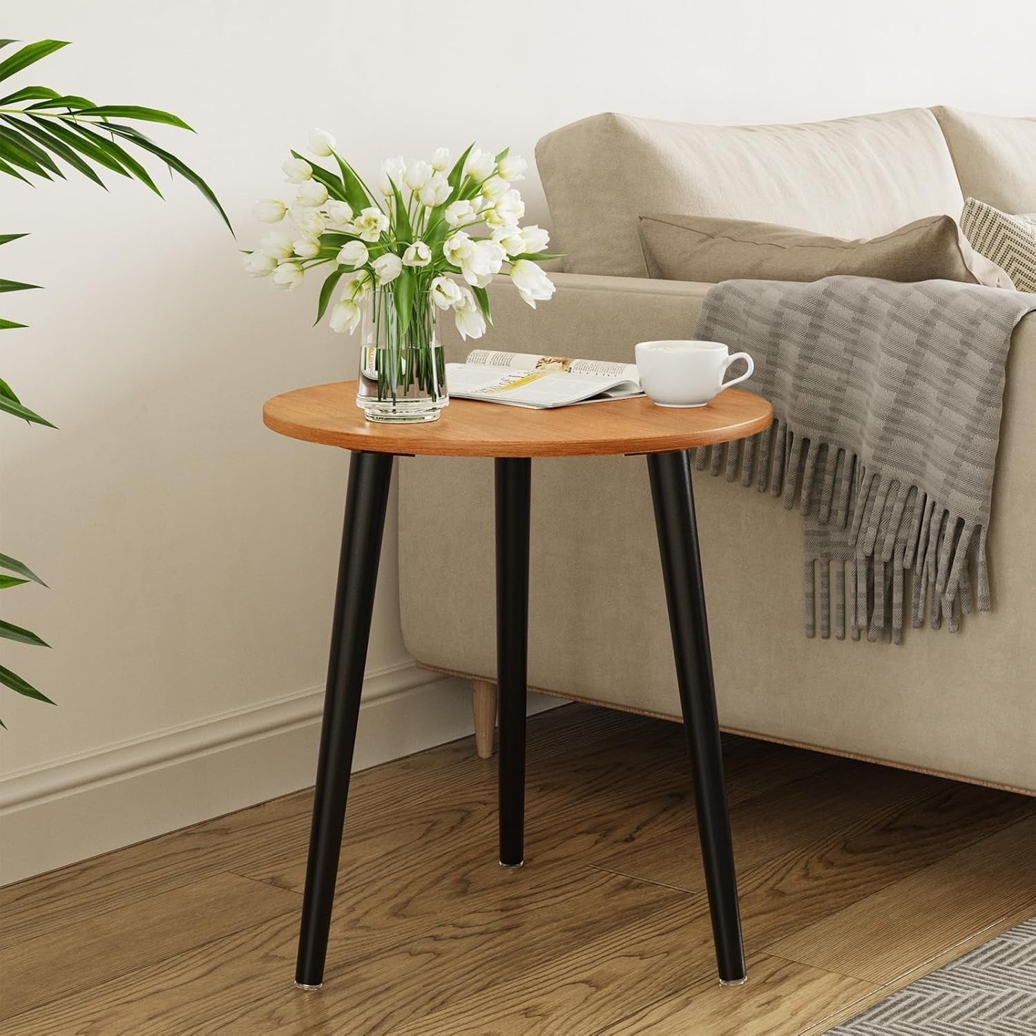 Small Walnut & Black Round Side Table 42x42x51cm, Sturdy Iron Legs.