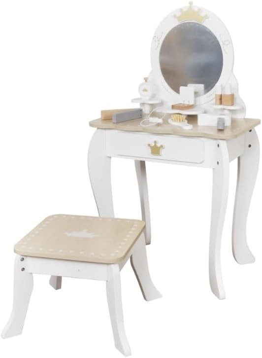 Kids Wooden Dressing Table & Stool Set 8pc Pretend Play Vanity Mirror Oak
