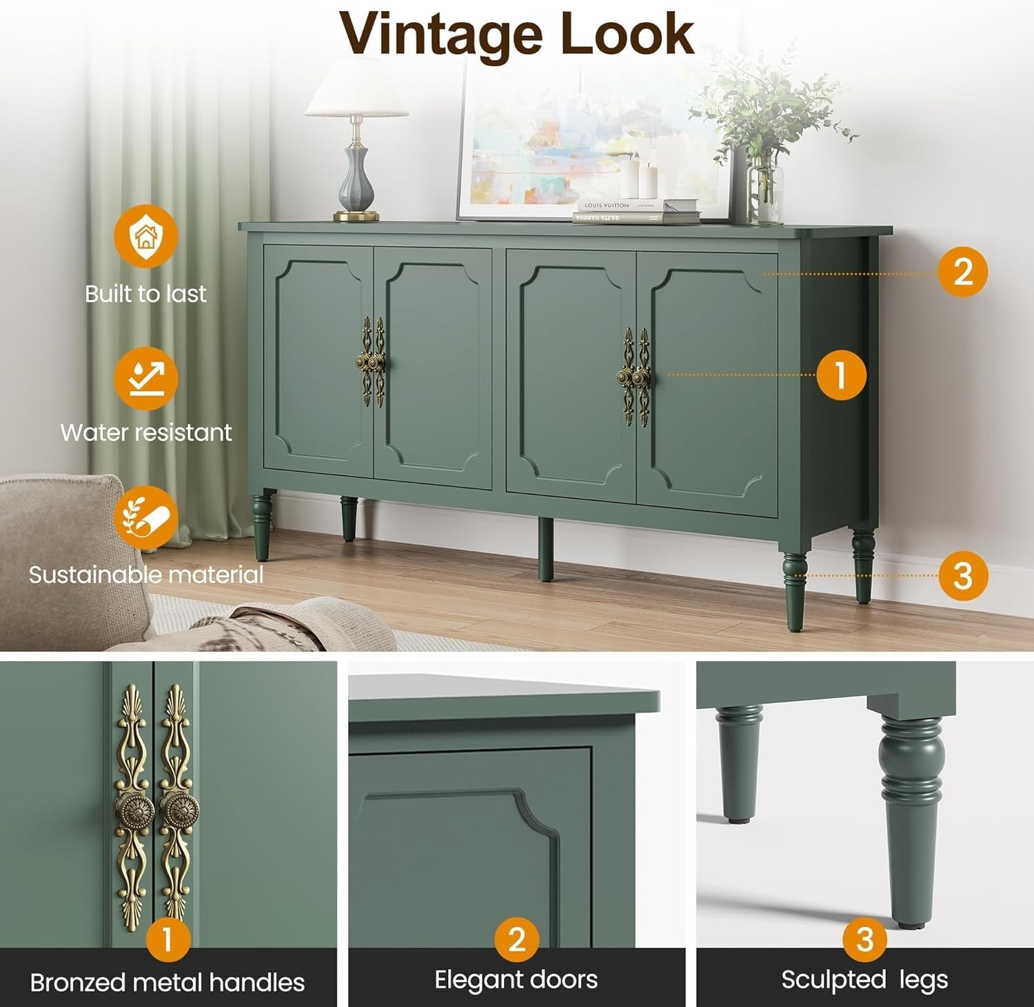 58" Mid Century Sideboard Cabinet with Adjustable Shelves, Green Finish