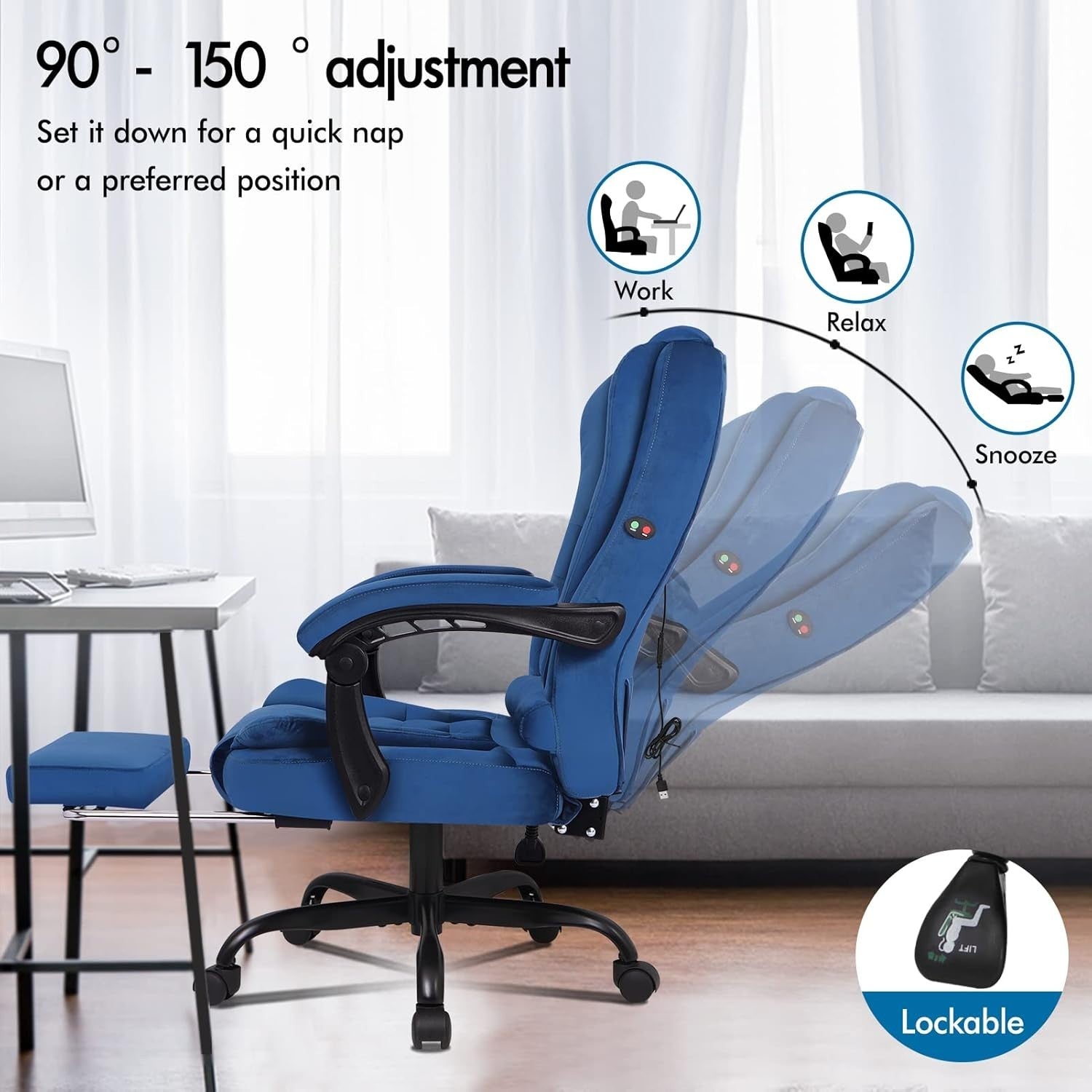 Executive Massage Office Chair Reclining Velvet Adjustable Height Footrest Swive