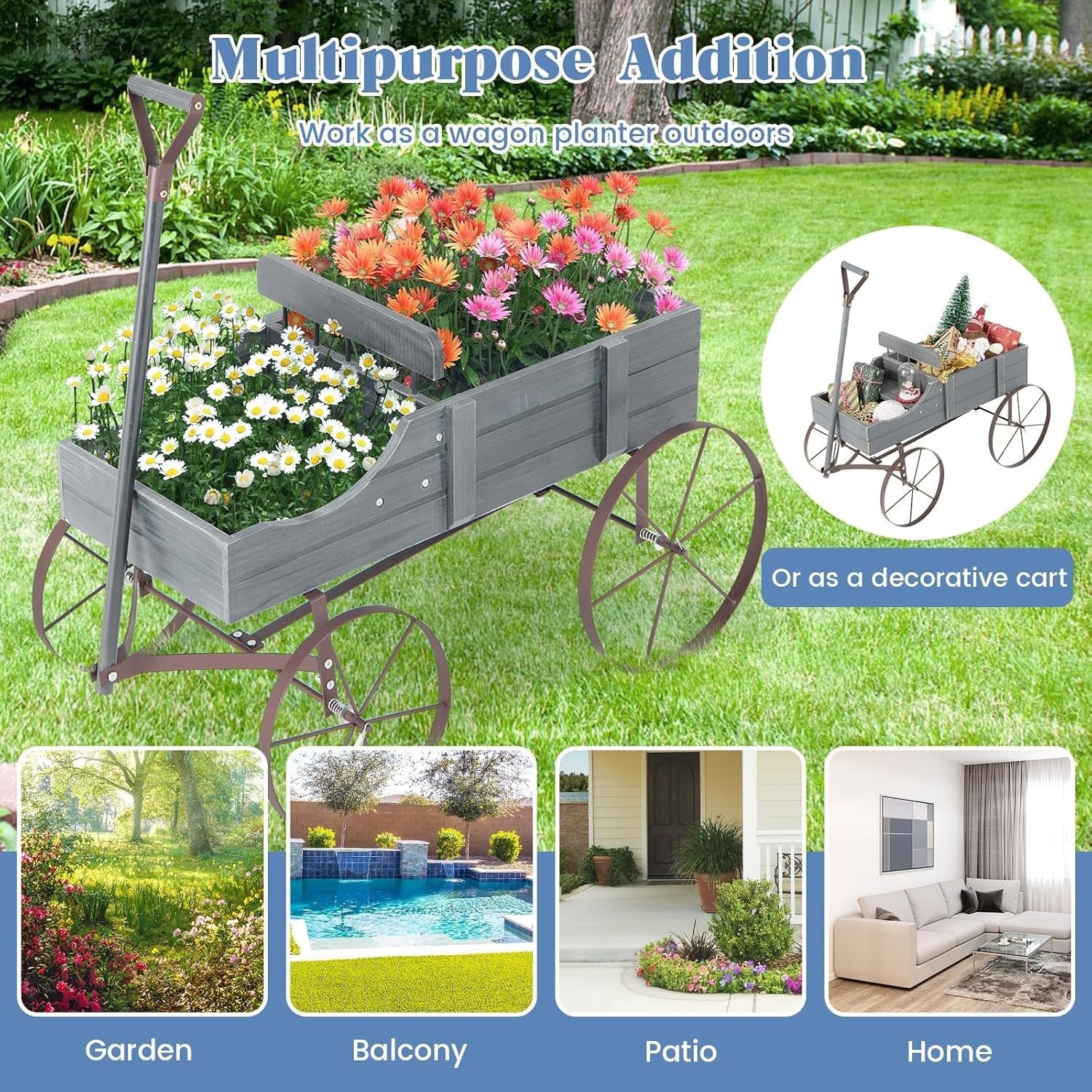 Decorative Wooden Garden Wagon Planter Cart with Wheels Rotatable Handle Grey