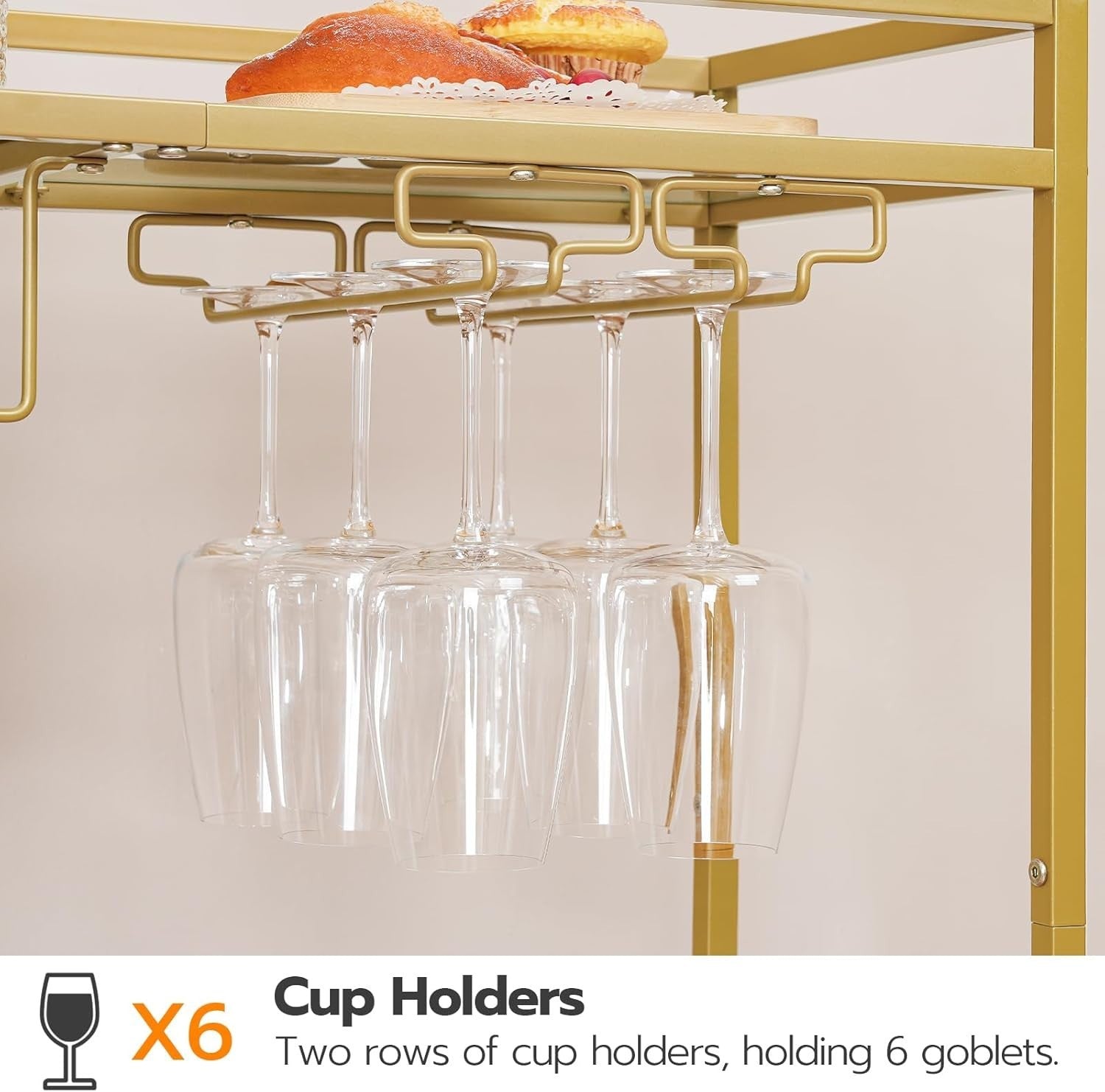 Gold Drinks Trolley 78x30x91cm Glass Shelf Wine Rack