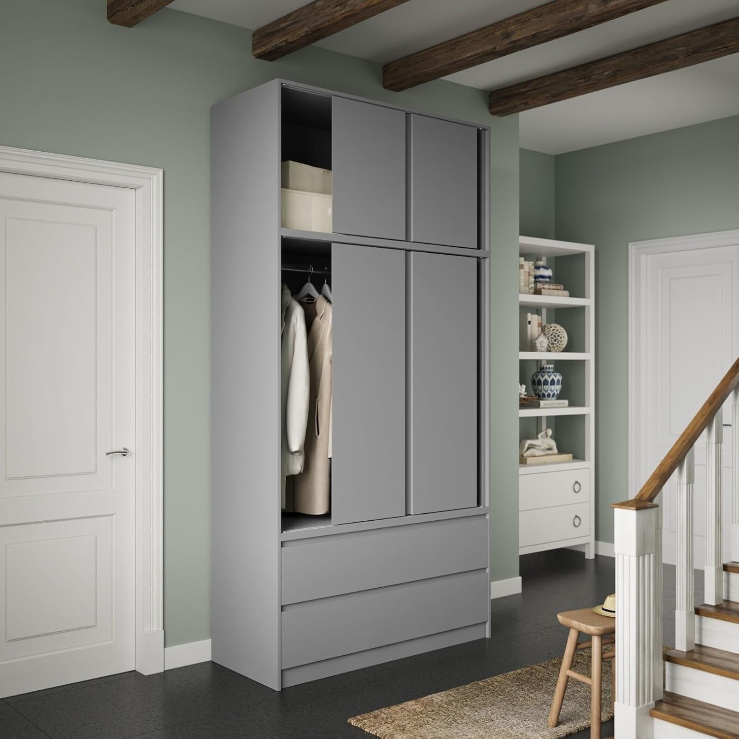 Grey Sliding Wardrobe 240cm 6 Doors 4 Drawers Bedroom Closet Storage Unit
