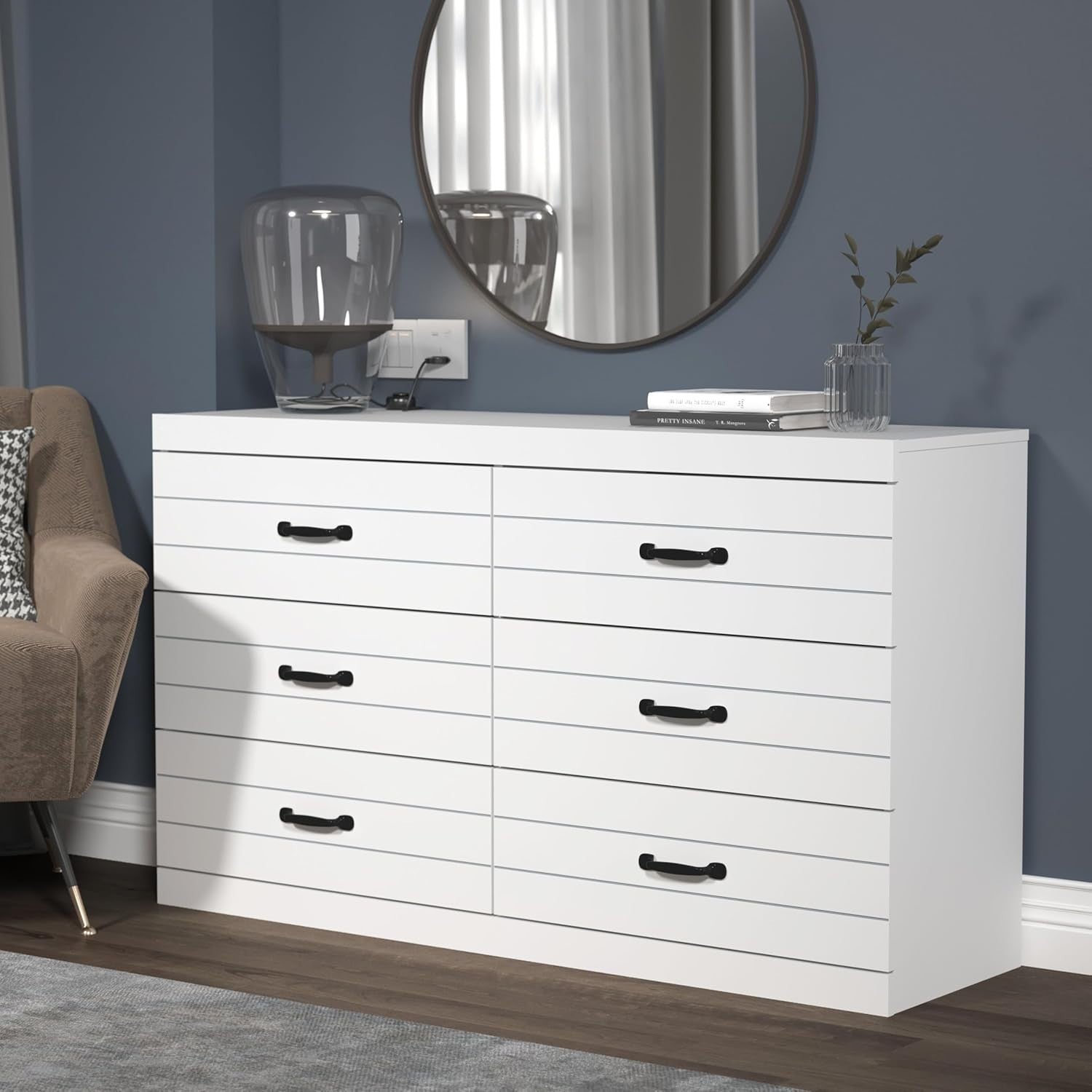White 6 Drawer Chest, Wide Modern Storage Cabinet for Bedroom or Hallway