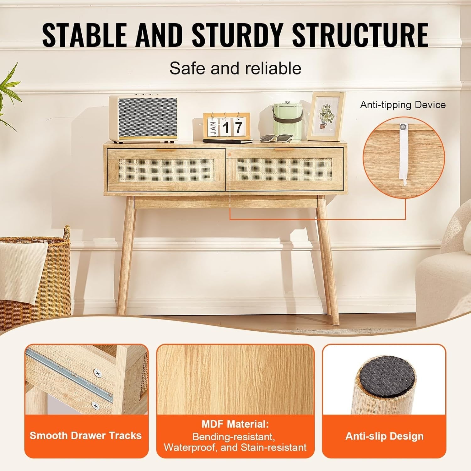 Rattan Console Table with Drawers & Shelf, Entryway Storage Unit 100cm