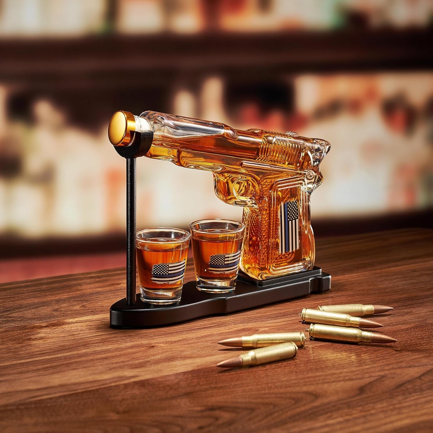 Whiskey Gun Decanter Set with Glasses & Stand – 8oz Pistol Bar Gift