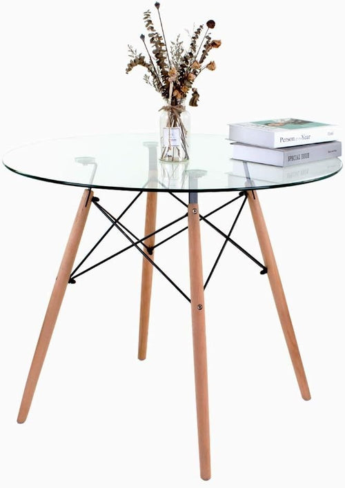 Round Glass Dining Table 90cm Tempered Top Wooden Legs Retro Kitchen Modern