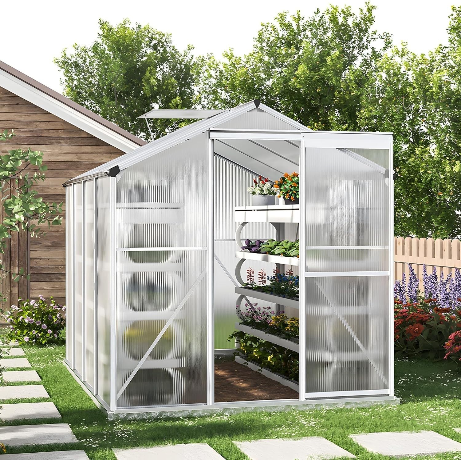 8x6FT Polycarbonate Walk-In Greenhouse with Base – Aluminium Frame, UV Resistant