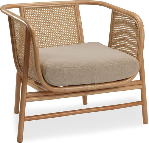 Rattan Accent Armchair with Boucle Cushion Indoor Lounge Chair Natural Cane
