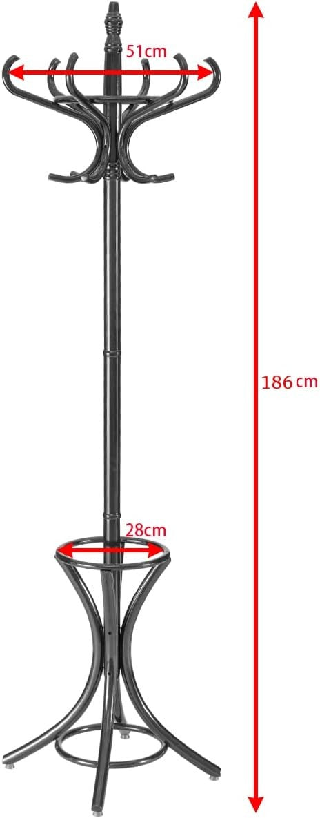 12 Hook Freestanding Wooden Coat Rack Stand with Umbrella Holder – Black