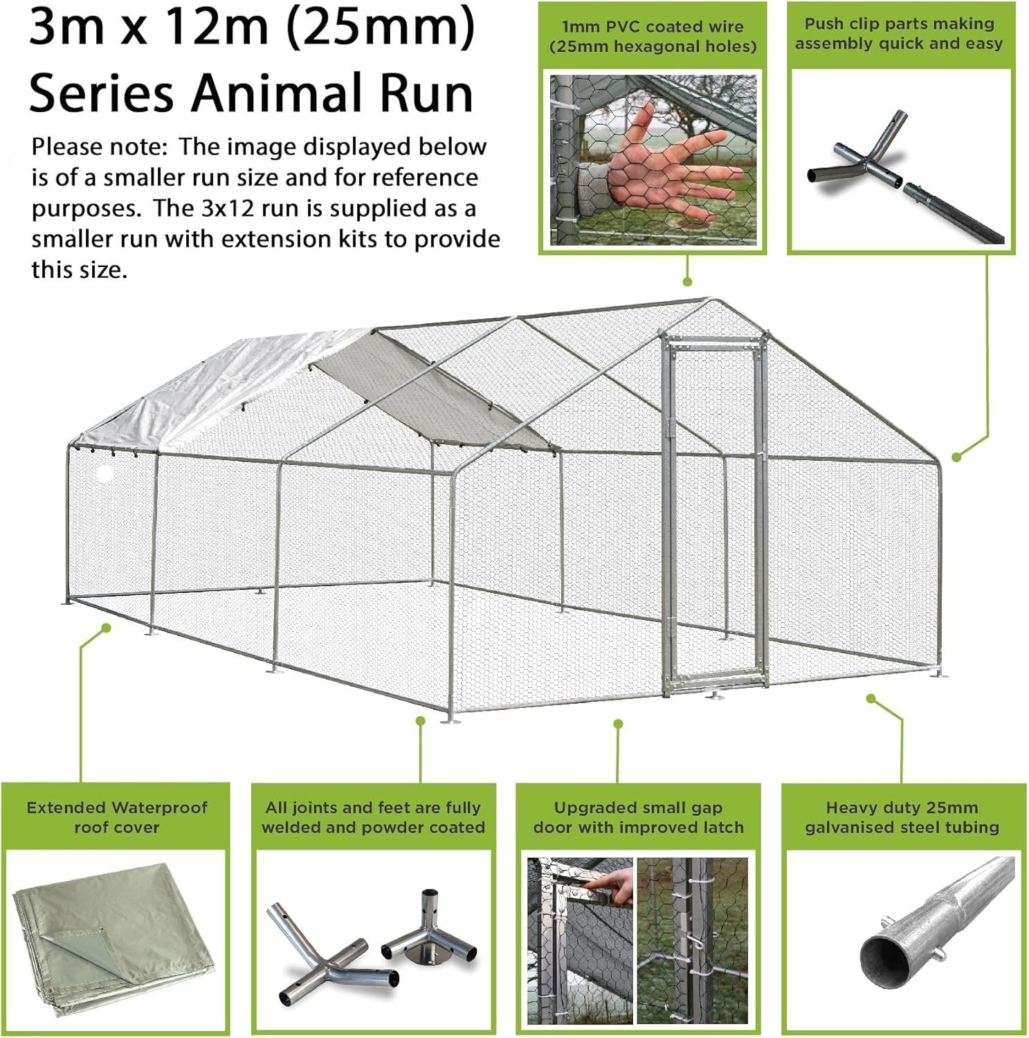 Ultra Long Walk-In Poultry Enclosure Galvanised Steel Small-Gap Door 3x12m