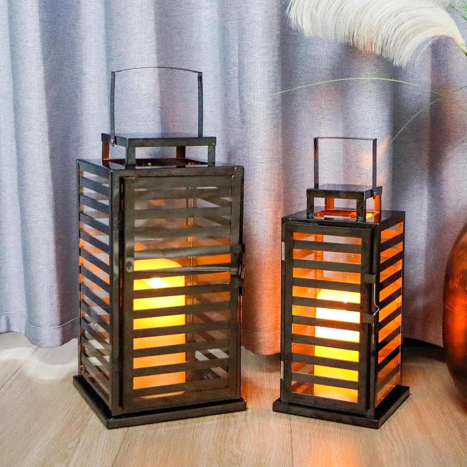 Set of 2 Black Stainless Steel Candle Lanterns 38 cm