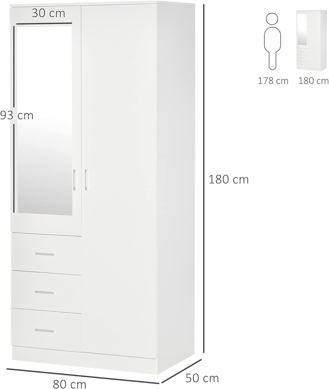 White 2 Door Wardrobe with Mirror 3 Drawers Adjustable Shelves Bedroom