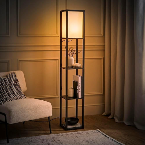 Wooden Floor Lamp with Shelves Modern Standing Light Storage Display