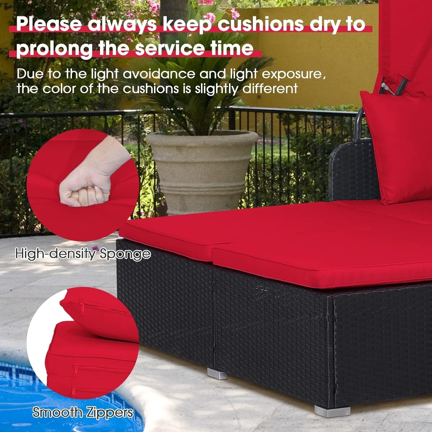 2 Seater Rattan Sunbed with Canopy & Folding Tables, Outdoor Recliner Sofa