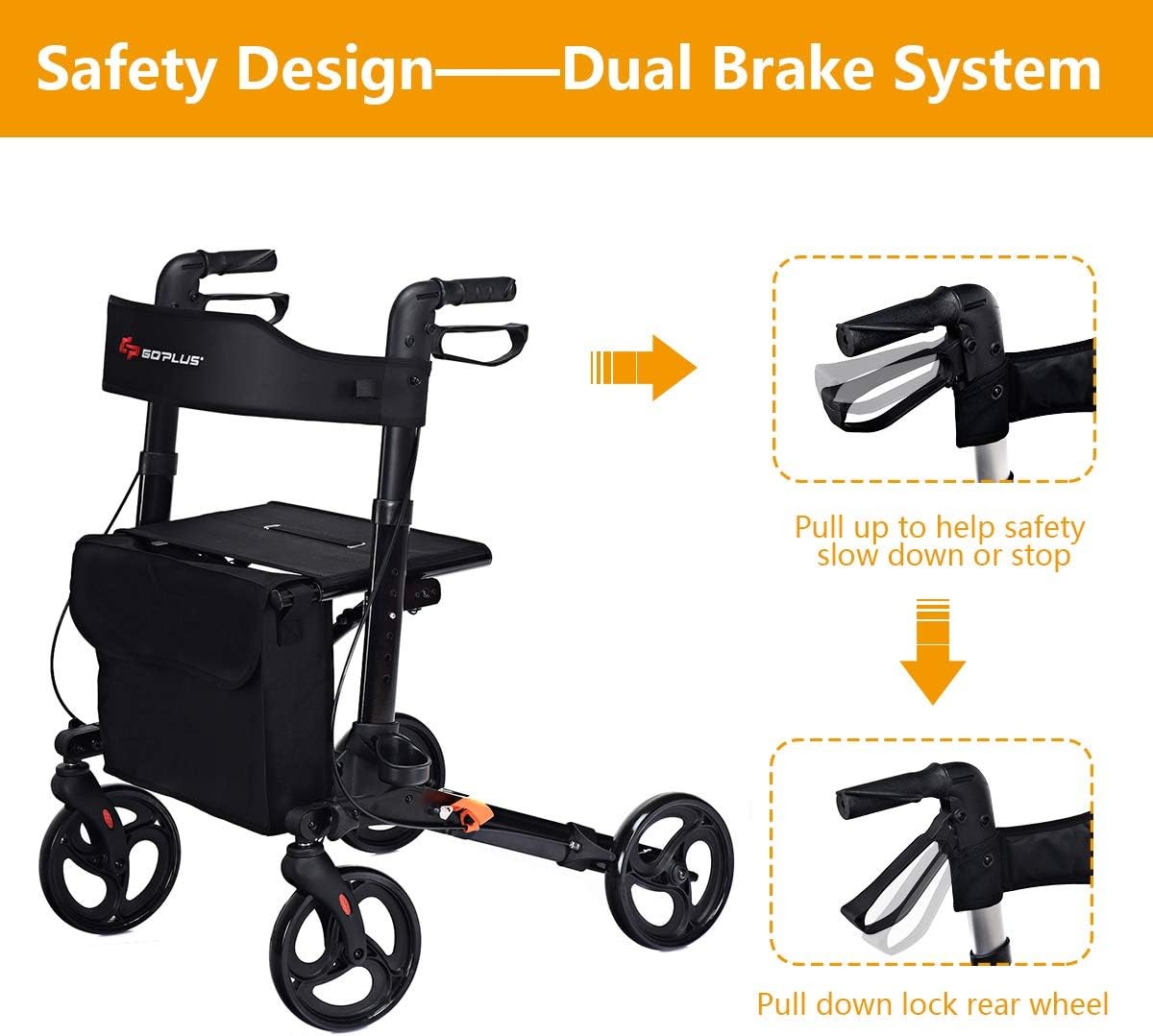 Lightweight Folding Rollator Walker with Seat Dual Brakes Storage Bag