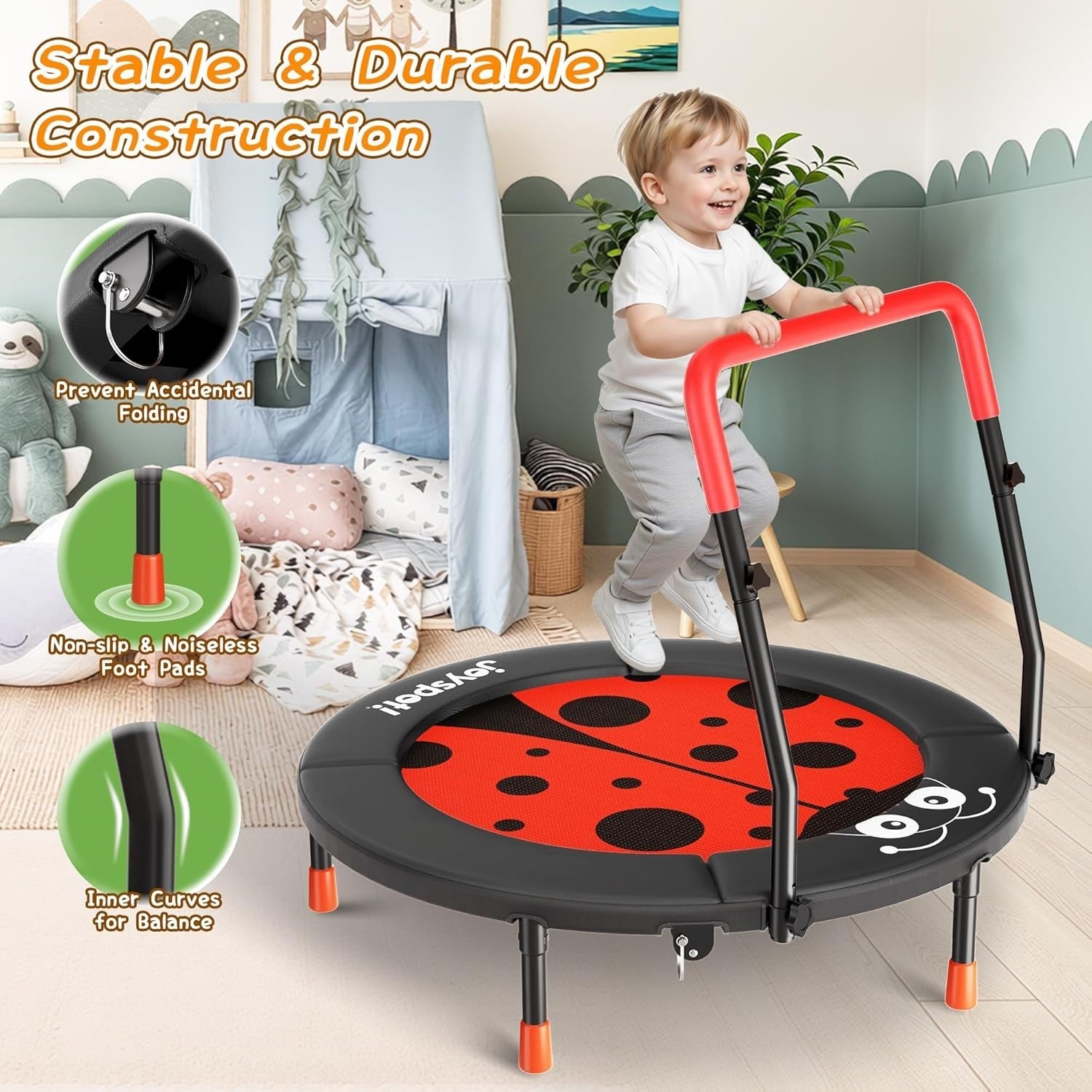 3ft Kids Trampoline Ladybug Foldable Toddler Jumper Handle 100LB