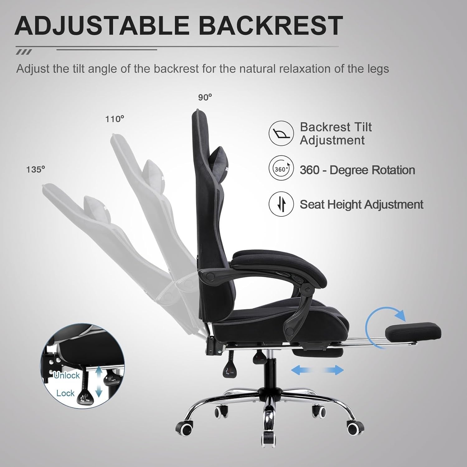 Fabric Gaming Chair Massage Ergonomic Reclining Office Chair Grey