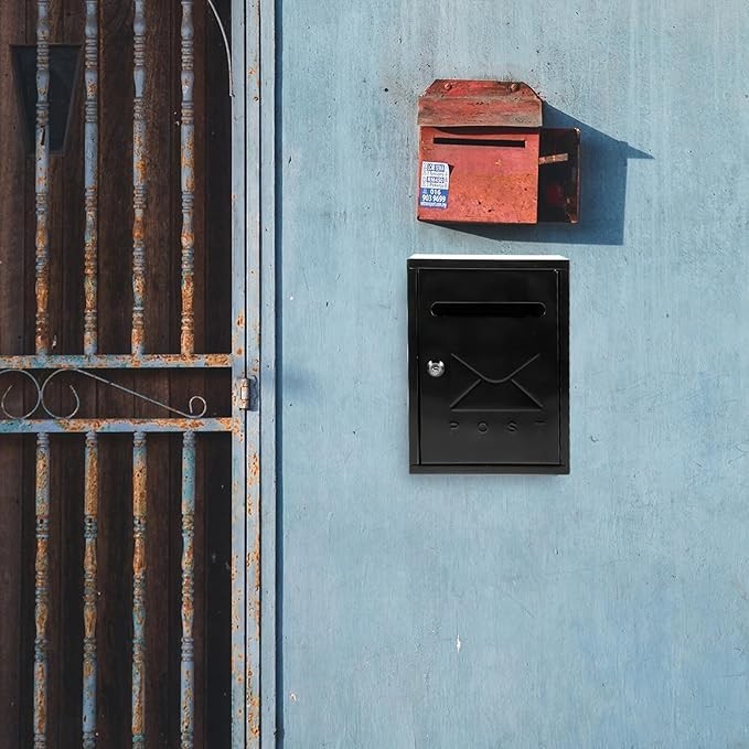Lockable Wall Mount Mailbox Black Metal Weatherproof Post Box for Home Garden