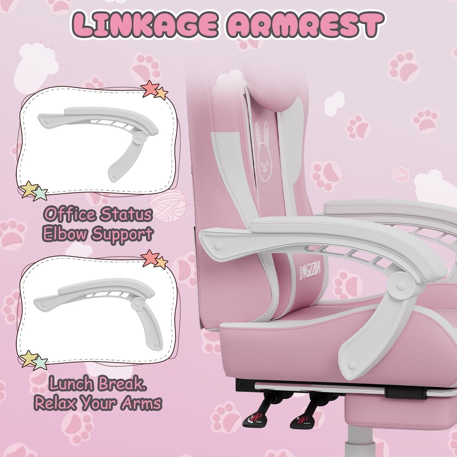 Pink Gaming Chair Cat Ears Massage Lumbar Recliner