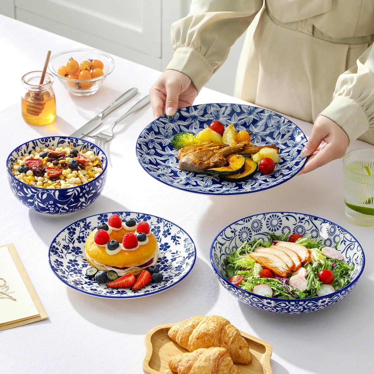 24pc Porcelain Dinnerware Set Blue White Plates Bowls Dishwasher Safe