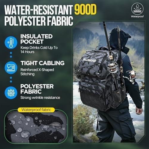 Large 45L Water-Resistant Fishing Backpack with Rod Holders & Cooler