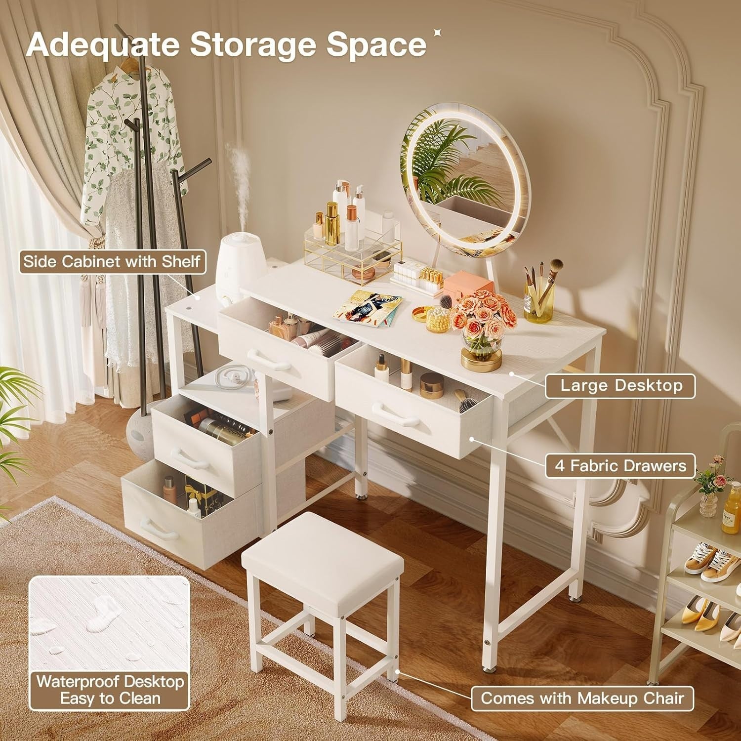 Vanity Makeup Dressing Table Set with LED Mirror Stool Storage White Modern