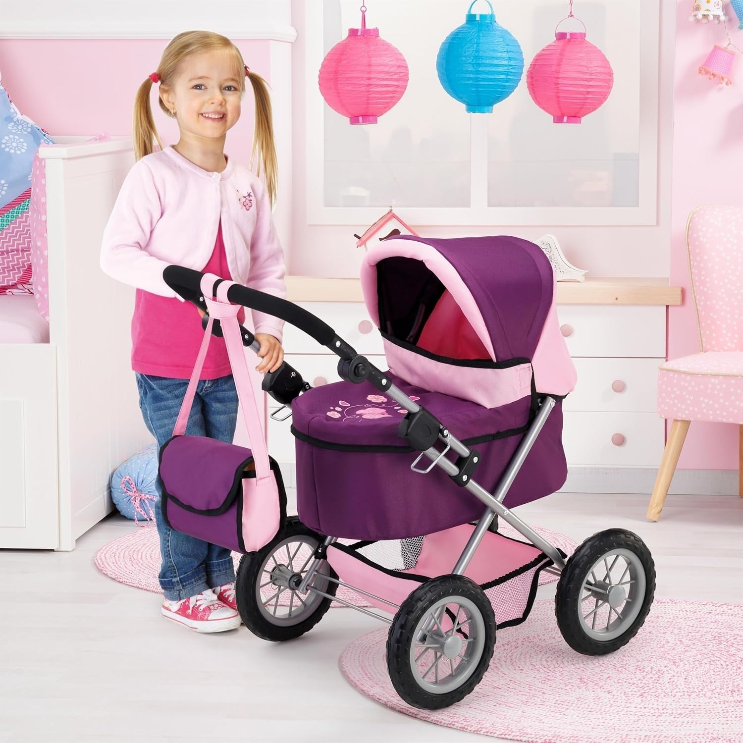Doll Pram Stroller Foldable Height Adjustable Handle Basket Bag Purple