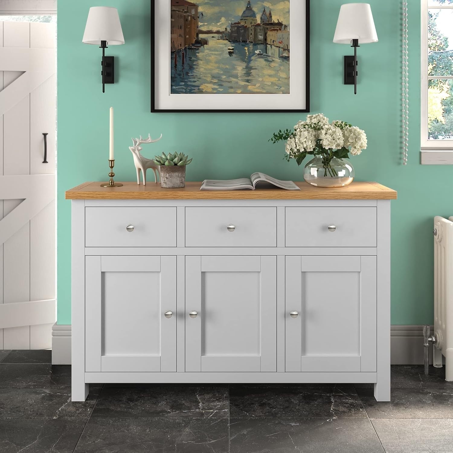 Large Grey Sideboard Oak Top 3 Drawer 3 Door Cabinet Hallway Storage