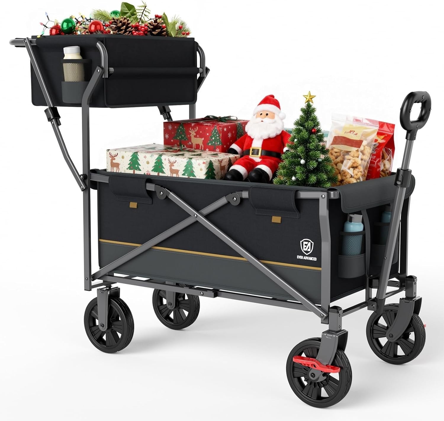 120kg Folding Camping Wagon Push Pull Trolley w/ Basket & Pockets Black