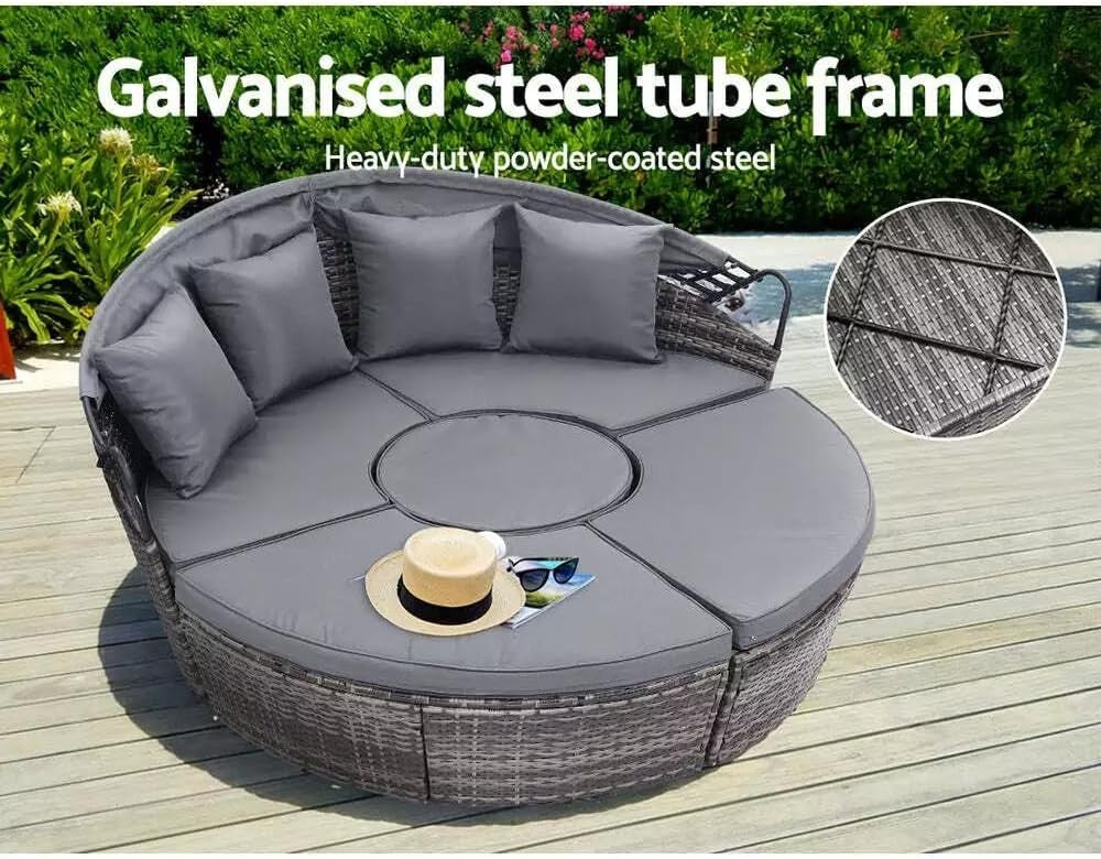 Outdoor Modular 5-Piece Rattan Day Bed Set with Retractable Canopy & Cushions
