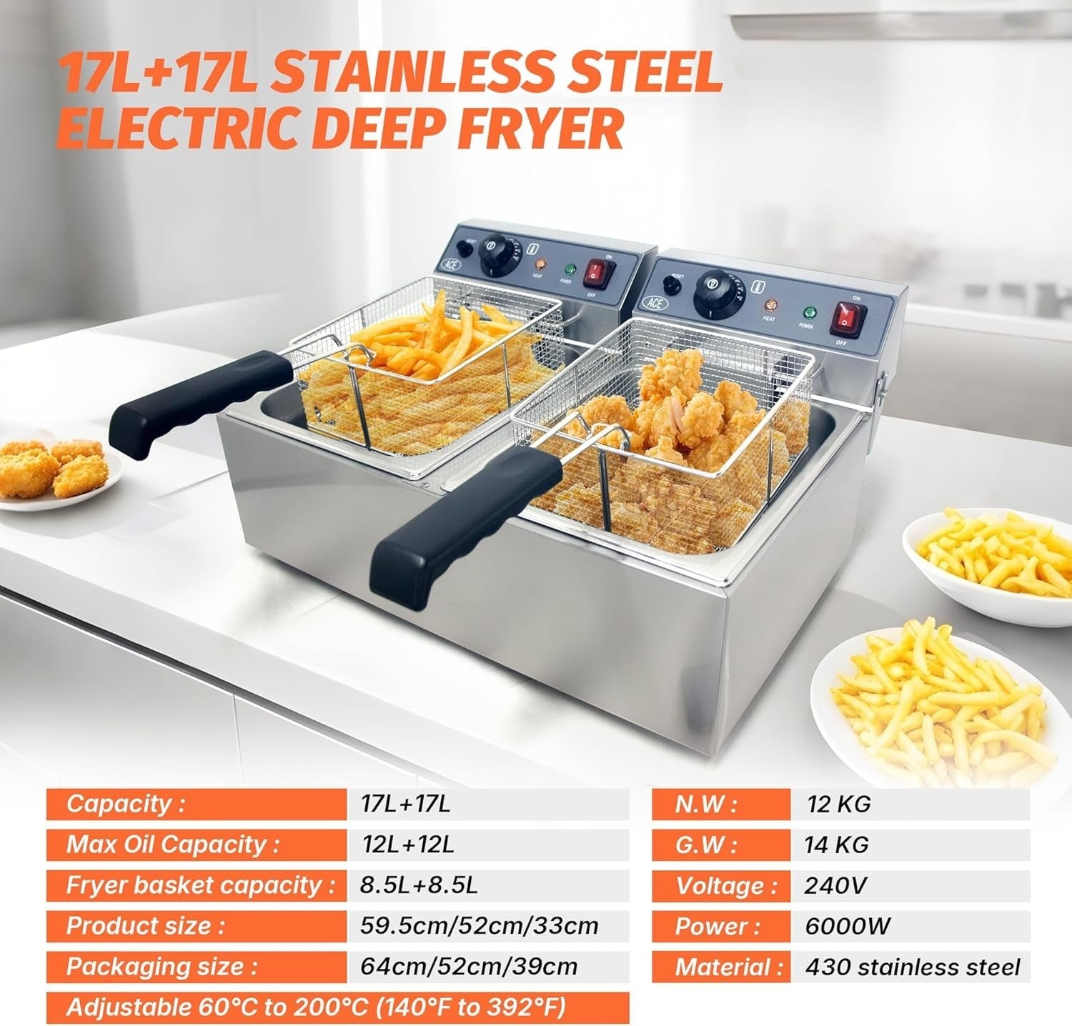 34L Double Deep Fat Fryer 6000W Commercial Dual Tank Stainless Steel