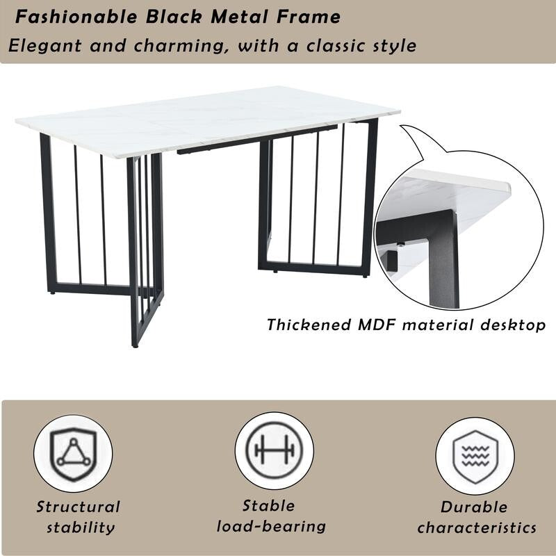 140x80cm Marble Effect Dining Table with Black V-Frame Legs, Adjustable Feet