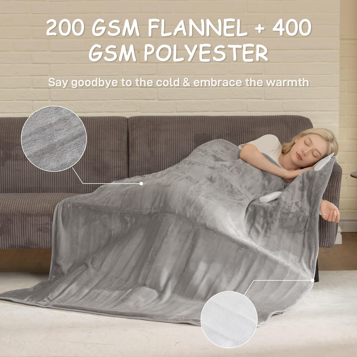 Electric Heated Throw Grey Blanket 140x160cm Dual Control Flannel Soft Fast Heat