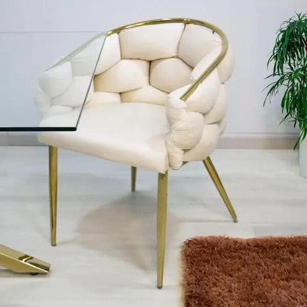 Cream Velvet Accent Armchair with Gold Legs – Padded Modern Lounge Chair
