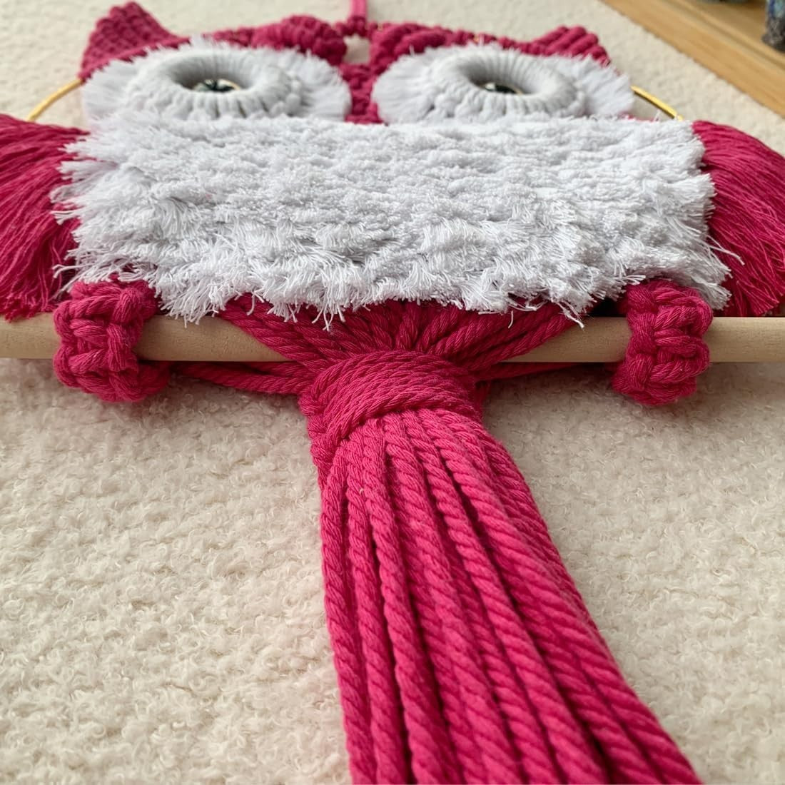 Fuchsia Macrame Owl Wall Hanging Boho Fiber Art Home Decor