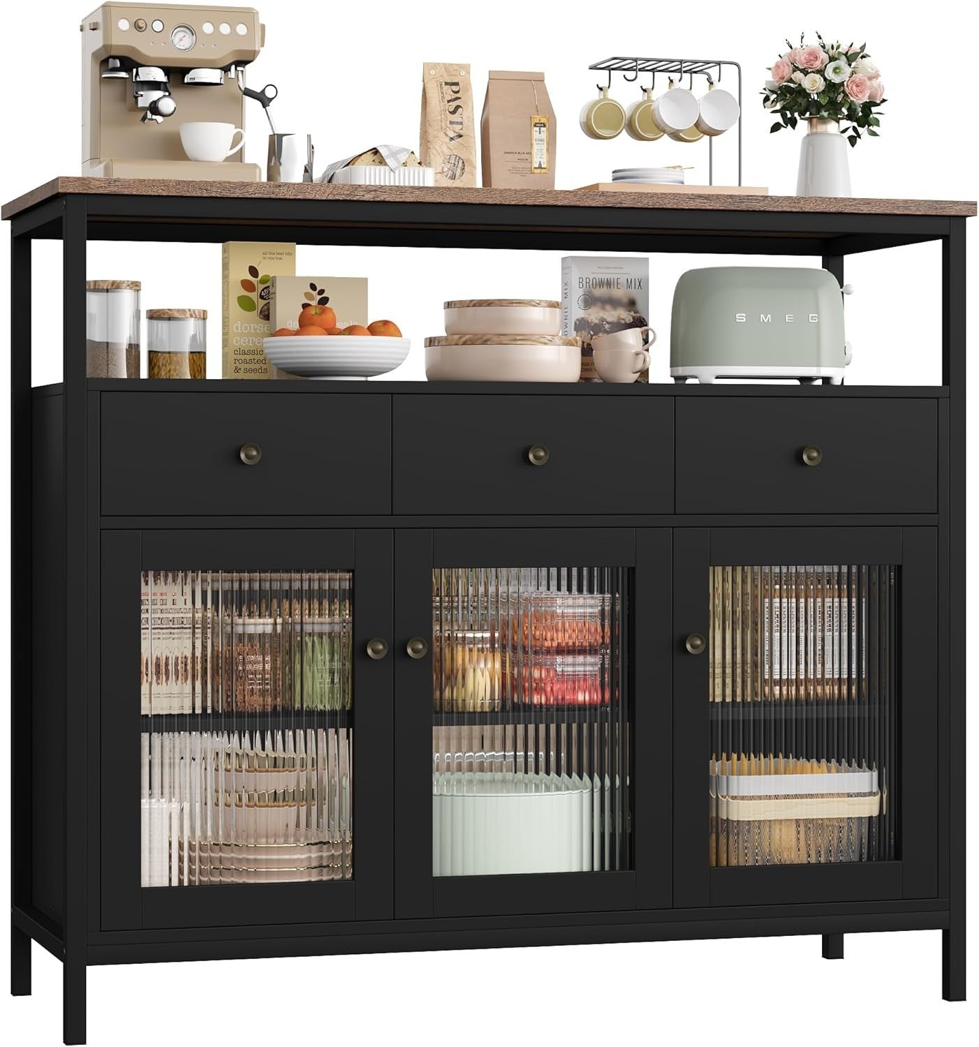 Modern Black Sideboard Cabinet with Glass Doors, Drawers, Adjustable Shelves