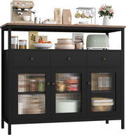 Modern Black Sideboard Cabinet with Glass Doors, Drawers, Adjustable Shelves