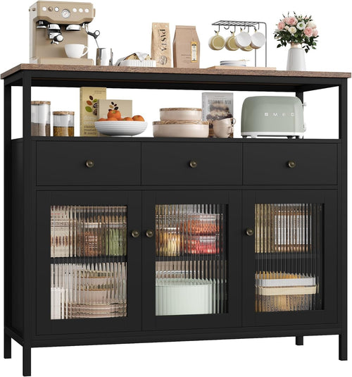 Modern Black Sideboard Cabinet with Glass Doors, Drawers, Adjustable Shelves