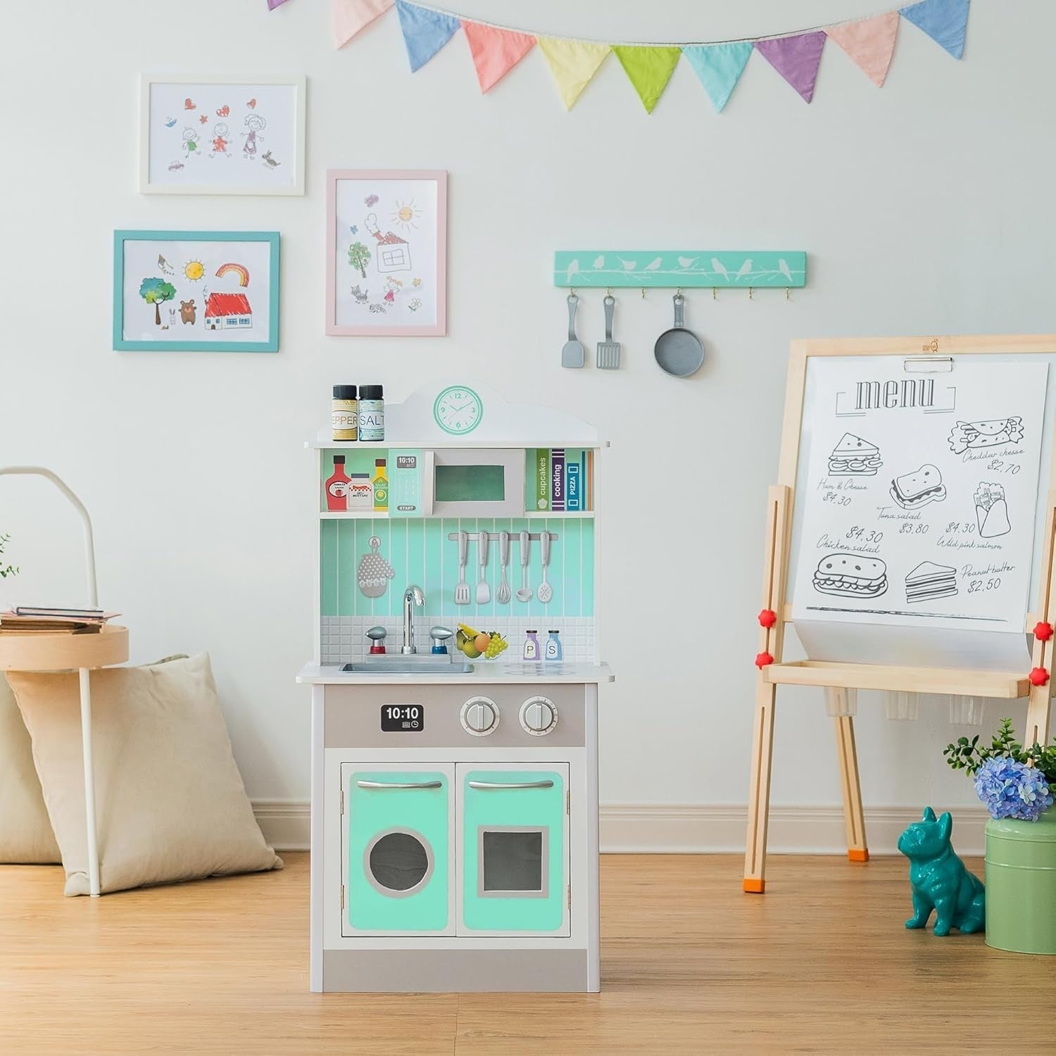 Compact Wooden Kids Play Kitchen Grey Mint Pretend Cooking Set