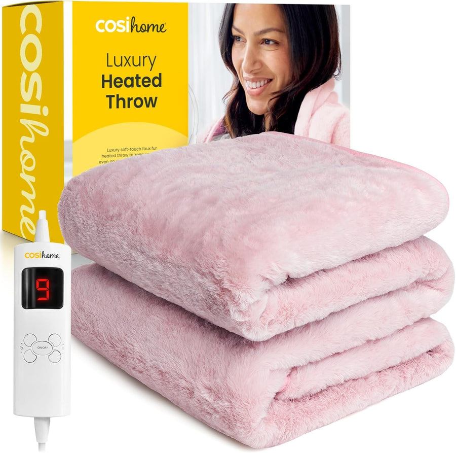 Electric Heated Throw Pink Blanket 160x130cm Faux Fur Soft Timer Washable