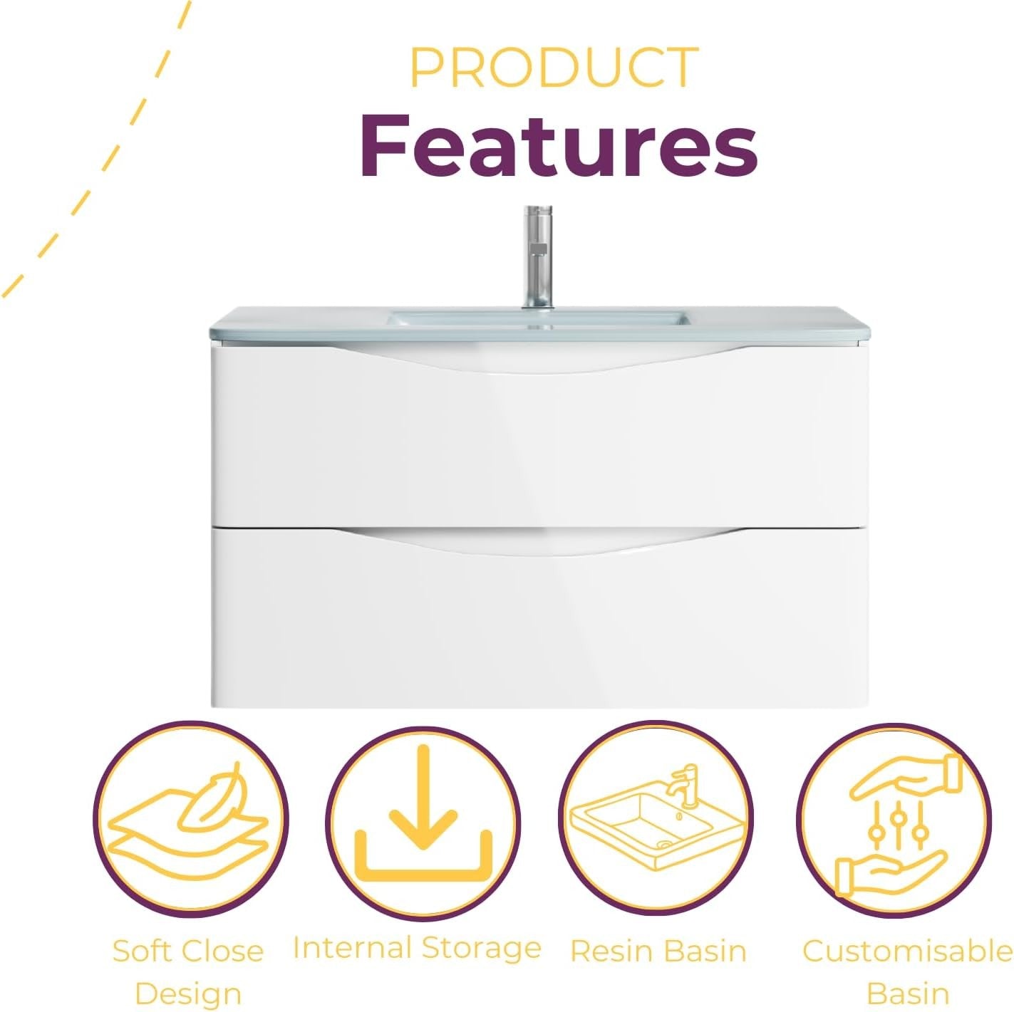 900mm Wall Hung Vanity Unit White Gloss with White Glass Basin Bathroom