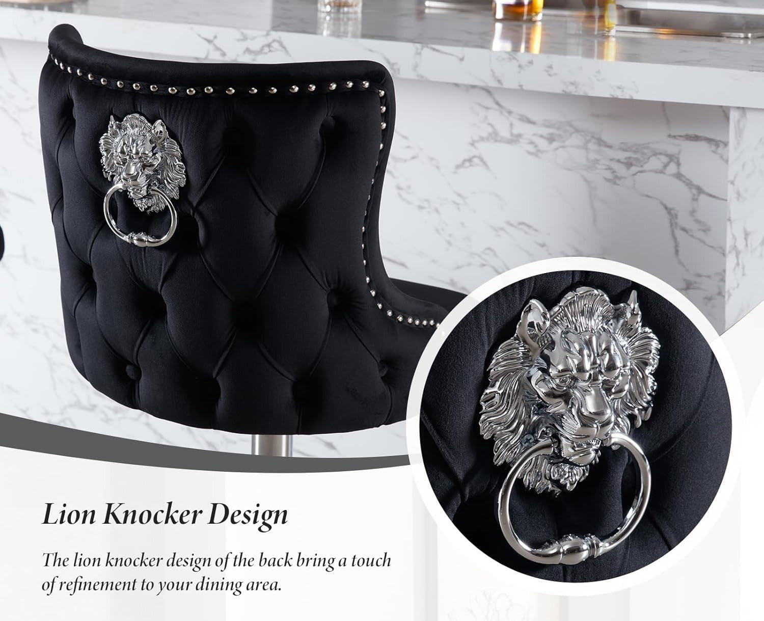 Luxury Velvet Bar Stools Set of 2 | Black Swivel Counter Chairs w/ Lion Detail