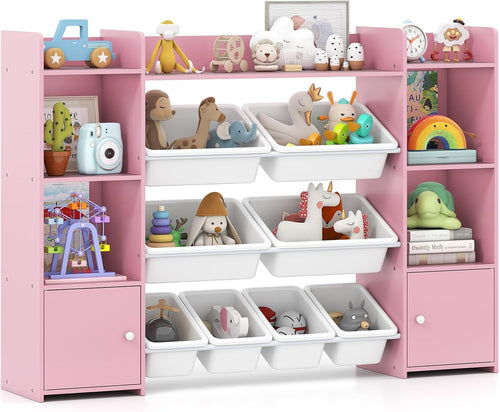 Pink Toy Storage Shelf – Kids 4-Tier Unit with Bins & Cabinets 142cm